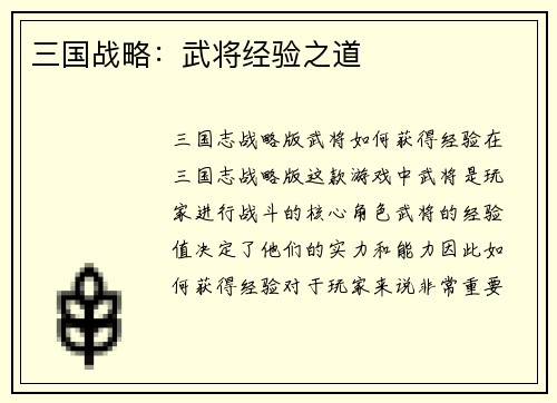 三国战略：武将经验之道